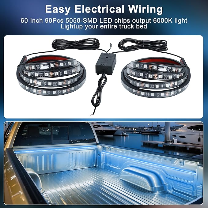 2PCS 60" RGB Truck Bed Light Strip Kit Remote Controlled Color Changing LED Bars with Music Sync, IP67 Waterproof for Pickup Trucks, SUVs, RVs/Boats
