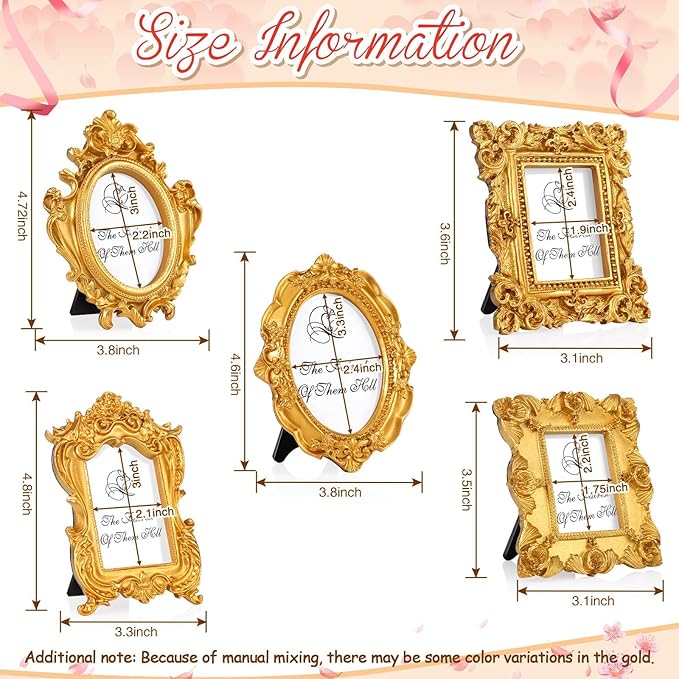 Maitys 15 Pcs Mini Picture Vintage Frames with Stands Tiny Antique Photo Baroque Ornate Resin Oval Frame Table Top Display Home Wedding Decor (Gold)