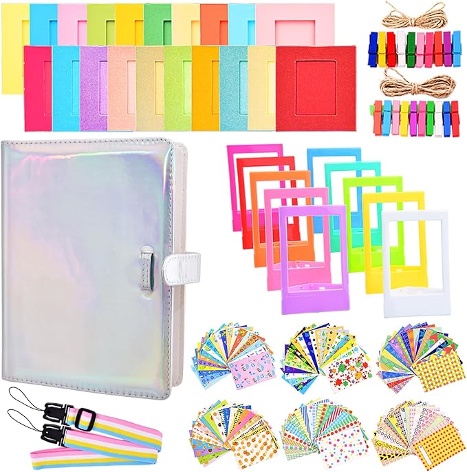 Sunmns Accessories Bundle Kit Compatible with Fujifilm Instax Mini 12 11 9 8 90 70 Instant Camera, Include Album, Film Stickers, Photo Frames, Hanging Frame, Strap (Bright Silvery)