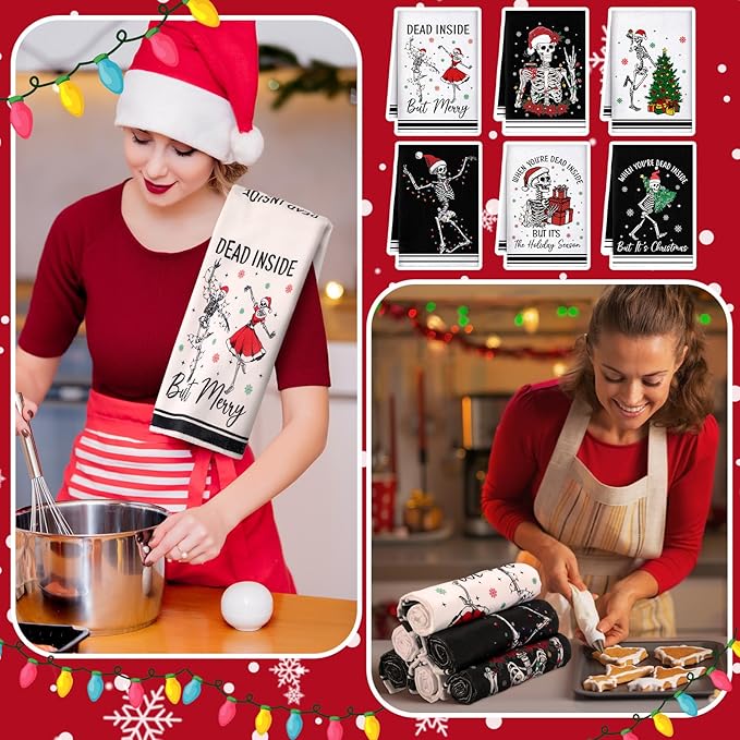 Preboun 6 Pcs Gothic Christmas Kitchen Towels Black and White Dish Cloth Xmas Skeleton Hand Towels Decorative Farmhouse Tea Cloth Absorbent for Holiday Kitchen Bathroom Decor