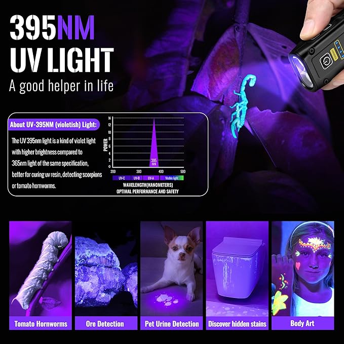 Flashlight UV Light 395nm, Blacklight EDC Flashlights Mini LED high Lumen USB -C Rechargeable Portable with Magnetic Base, COB White & Red Light, Output Emergency Power, for Pet Urine, Resin Curing
