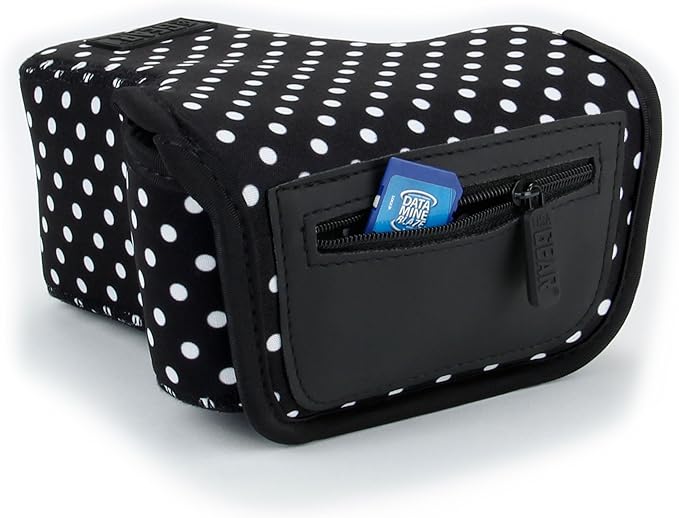 USA Gear Camera Sleeve (Medium) for Compact SLRs Compatible with Canon EOS R100 Nikon Z30 Sony ZV-E10, and more - Padded Neoprene DSLR Case with Zipper Accessory Pocket & Belt Loop (Polka Dot)