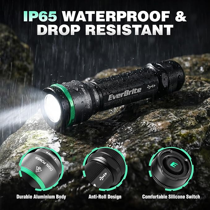 EverBrite 1000LM Small Flashlight, 5 Modes Zoomable Dual Power Flashlight, Mini Flashlights High Lumens, Rechargeable or AA Battery, Pocket Flashlight for Home, Emergency, Hiking, Camping