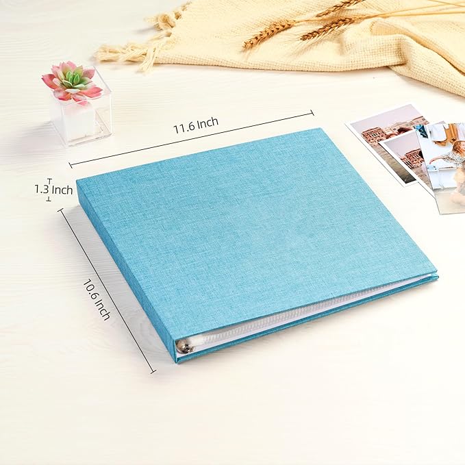 Mublalbum 10x10 Inch Large 3 Ring DIY Scrapbook Photo Album with 20 Plastic Sleeves 40 Pages Linen Cover Folder Binder for Baby Travel Wedding Anniversary and DIY Projects (Blue)