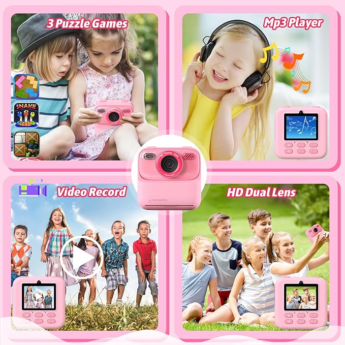 Kids Instant Digital Cameras for Boys and Girls, 1080P HD Dual-Lens Selfie Digital Camera with Print Paper & 32G Card, Christmas Birthday Gifts Toys for Toddler and Teenagers Age 3-16 Years Old