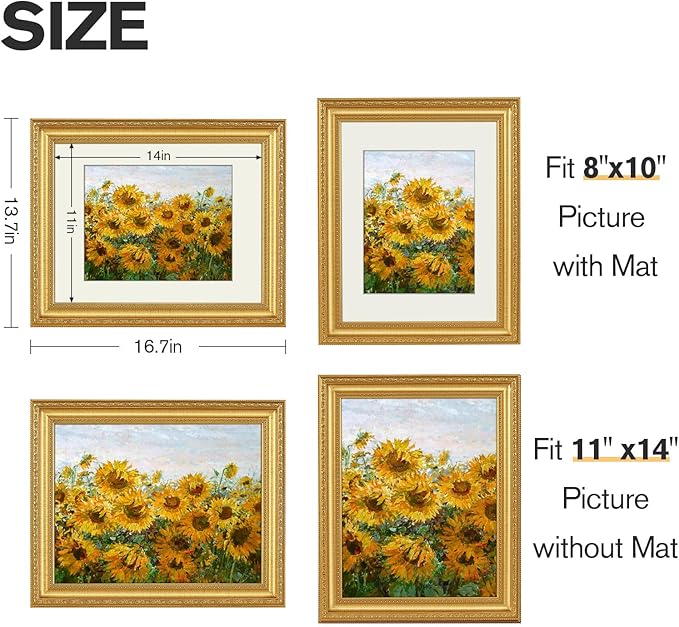 11x14 Gold Picture Frame Set of 2, Ornate Vintage 11x 14 Photo Frame for Wall Decor , 11 x 14 Gold Frames with Real Glass, Display 8x10 Pictures with Mat or 11x14 without Mat for Antique Déco