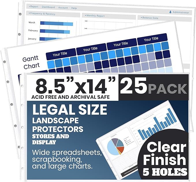 PERFORMORE Pack of 8.5” x 14” Heavyweight Landscape Sheet Protectors, Legal Paper Sleeves, Clear Archival Quality, Horizontal Legal Size Clear Sheet Protectors for Binders Documents (25)