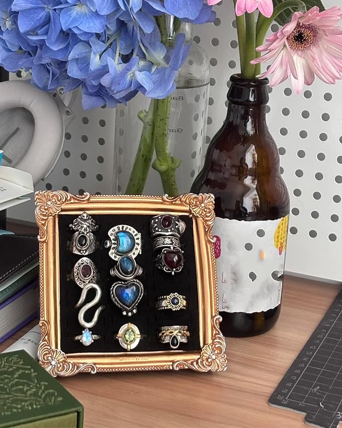 Jewelry Display Stand Vintage Ring Holder Box Earring Tray Retro Picture Frame Style Ring OrganizerJewelry Frame with Velvet