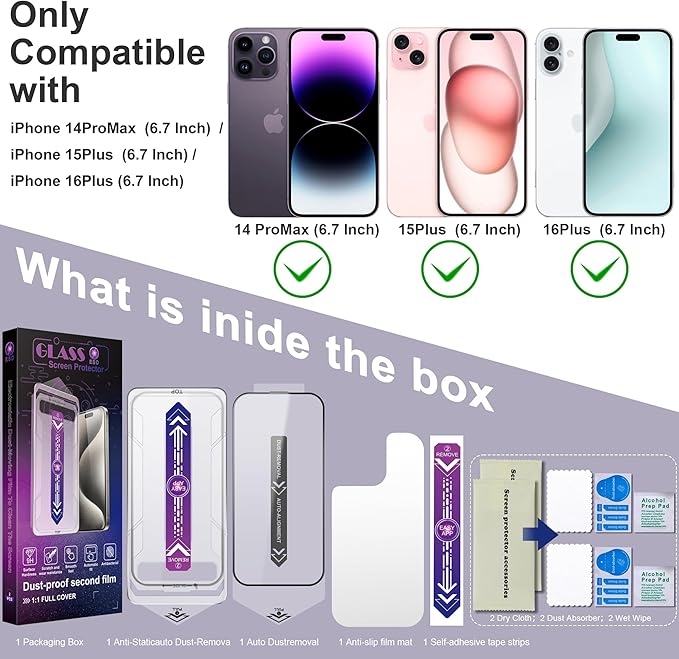 CHRYSHA 2 Pack Screen Protector for iPhone 14 Pro Max/iPhone 15 Plus/iPhone 16 Plus, 9H Tempered Glass, Full Coverage, Anti-Fingerprint, Auto Dust-Elimination, No Bubble, Easy Installation