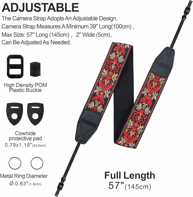 Padwa Lifestyle Camera Strap - 2" Wide Red Vintage Jacquard Embroidery Flower Camera Straps with Genuine Leather Head, Adjustable Neck Shoulder Strap for All Cameras and Men & Women Photographers