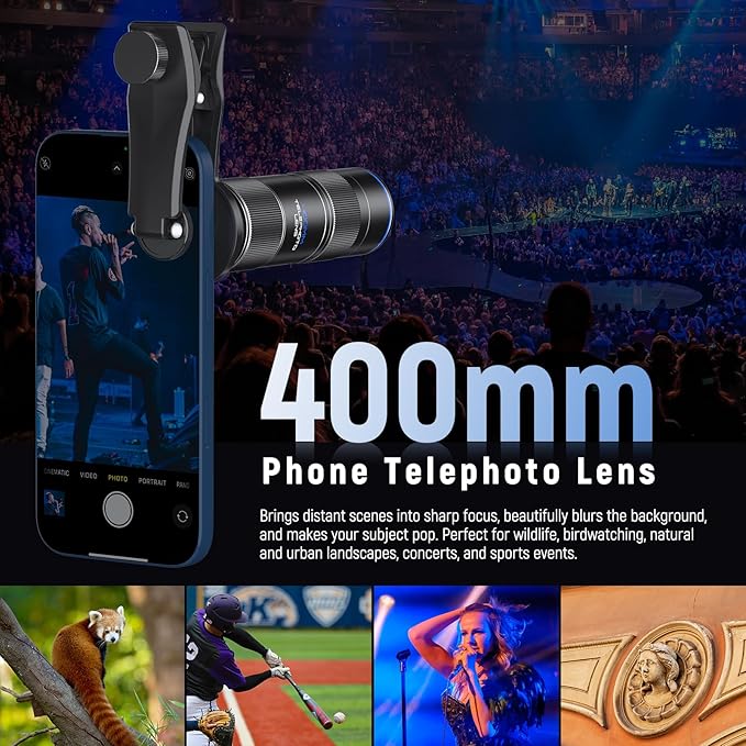 NEEWER 400mm Telephoto Phone Camera Lens with 17mm Threaded Lens Clip, 70cm Minimal Macro Focus Distance, Shot on 2X Zoom, for Backplate, Phone Cage, Case Compatible with iPhone Samsung Android, LS-78