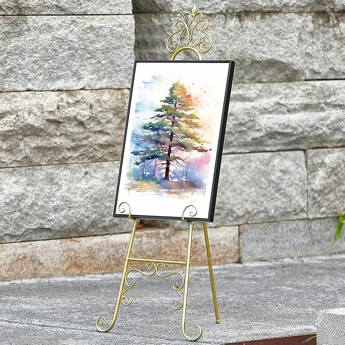 Metal Easel Stand for Sign with Chain Support, Gold Extra Large Scroll Floor Standing Easel for Display Wedding Sign Picture Frame Mirror, 59" H × 22" L × 20" W