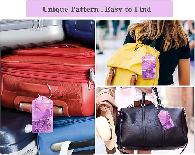 (Set of 2) Luggage Tag Leather Privacy Cover ID Label Address Card with Stainless Steel Loop, Travel Bag Tags Suitcase Labels,Purple Marble