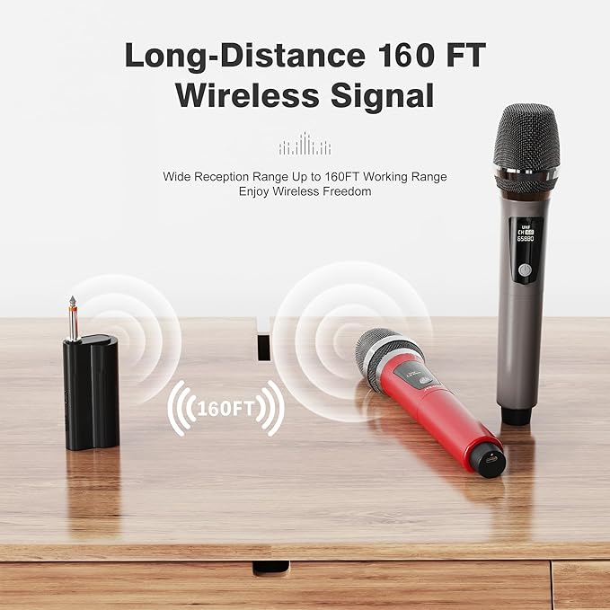 Wireless Microphones, Professional Dual Karaoke Microphones, Wireless Dynamic Microphone System Set with Rechargeable Receiver for Home Party, Speech, Wedding, Church, PA System
