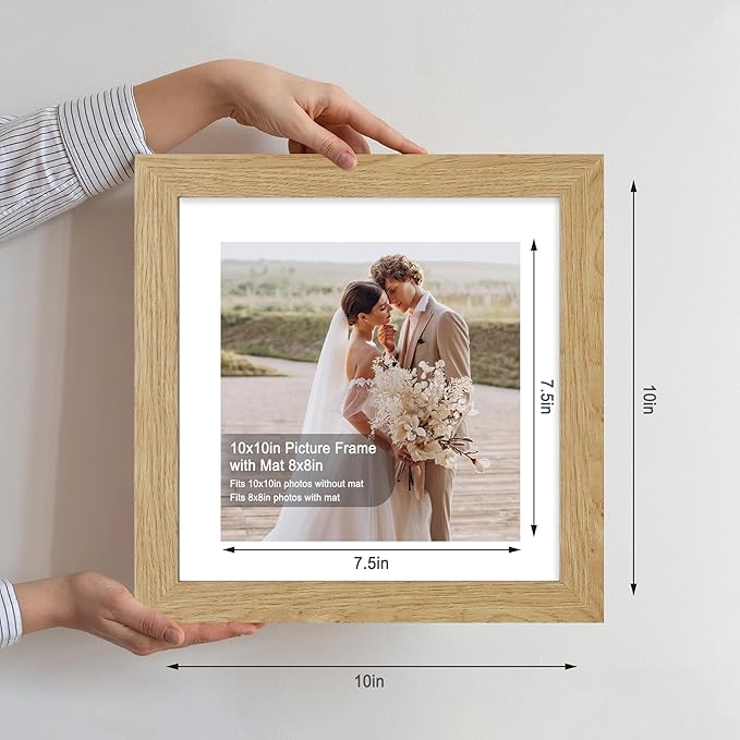 10x10 Picture Frame Set of 4, Made of Glass and Natural Oak Wooden Frame - Display Picture 8x8 with Mat or 10 x 10 Without Mat, 10 by 10 Photo for Wall or Tabletop