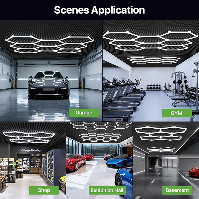 Glitgate Hexagon LED Garage Light, 168W 18480LM 5-Grid Honeycomb Hex Lighting System, 6500K Ultra Bright Ceiling Light for Garage, Car Detailing Shop, Workshop, Basement, Gym