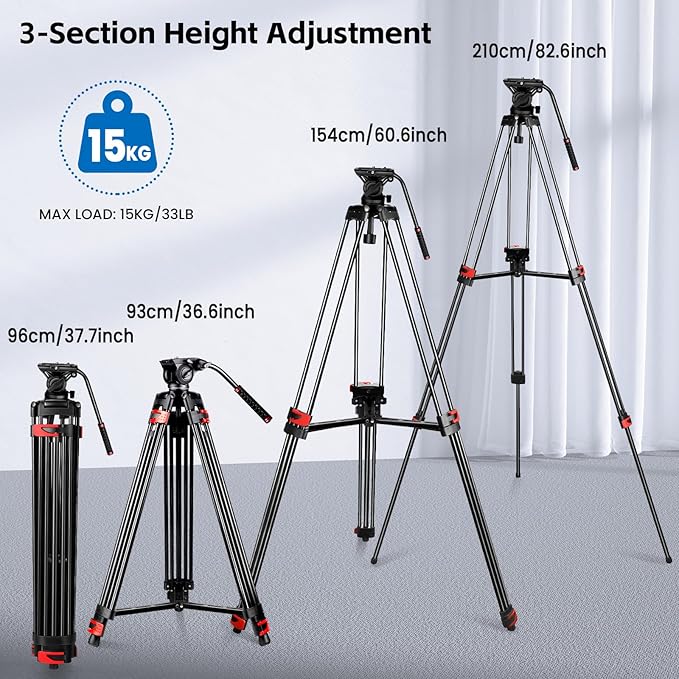 82" /210cm Video Tripod Heavy Duty Tripod with 360° Fluid Head,Mactrem Aluminum Tall Tripods Professional Compatible with Canon Nikon Sony DSLR Camera Camcorder Telescope Bnoculars (Load 33Lb)