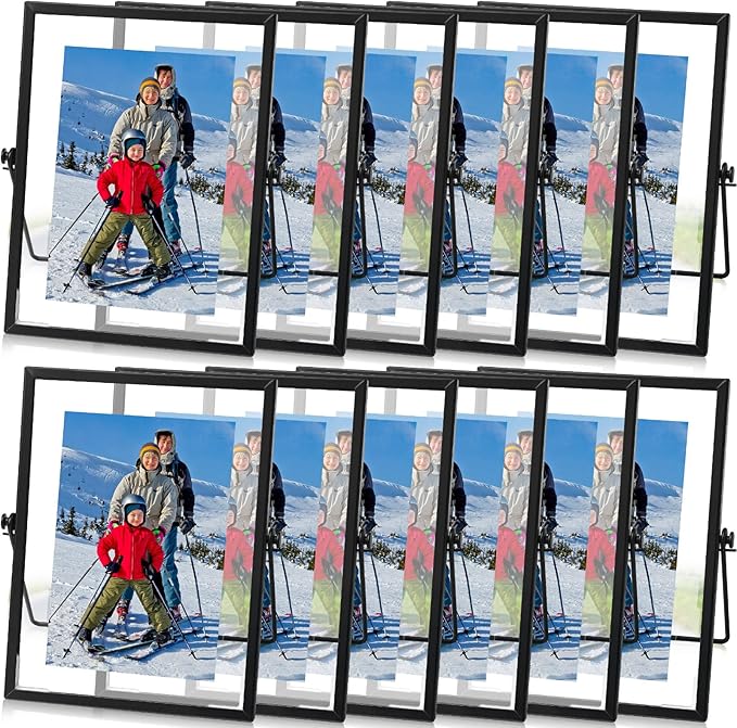Hoteam 12 Pack 6 x 8 Inch Black Floating Frame for Photo 4 x 6 Inch, Glass Floating Picture Frame Collection Vintage Metal Minimal Ornate Easel for Wedding Gift Pictures Photos Desk Tabletop Display