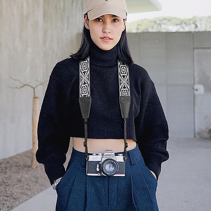 Padwa Lifestyle Camera Strap - 2" Full Grain Leather Ends Camera Straps for Photographers, Vintage Embroidered Cotton Weave Soft Strap Quick Release fits All Cameras