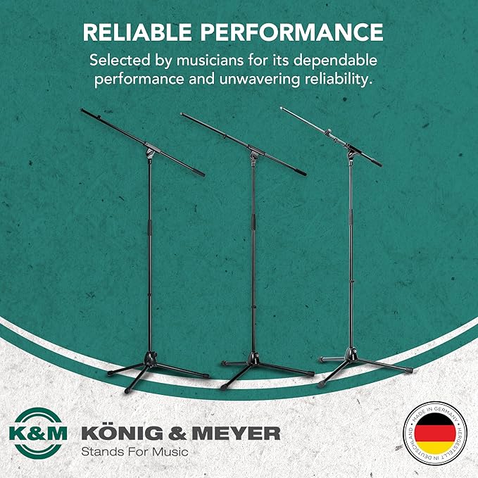 K&M - König & Meyer 21070.500.55 - Tripod Microphone Stand with Fixed Length Boom Arm - Professional Grade for All Musicians - Heavy Duty Folding Leg Base - German Made - Black