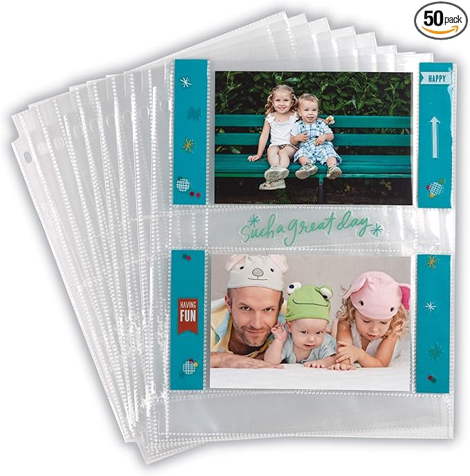 Samsill 4x6 Photo Pages for 3-Ring Binder - 4x6, 50 Pack, Holds 200 Pictures, Each 2-Pocket Photo Pages Hold Four 4 x 6 Pictures, 4x6 Photo Pockets, 4x6 Photo Sheet Protector