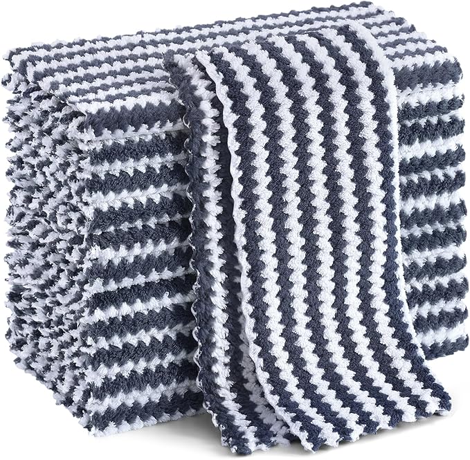 Homaxy 12 Pack Kitchen Dish Cloths, Ultra Soft and Absorbent Dish Towels, Reusable Fast Drying Microfiber Cleaning Cloth, Coral Velvet Wave Design No-lint, 10 x 10 inches, Dark Grey