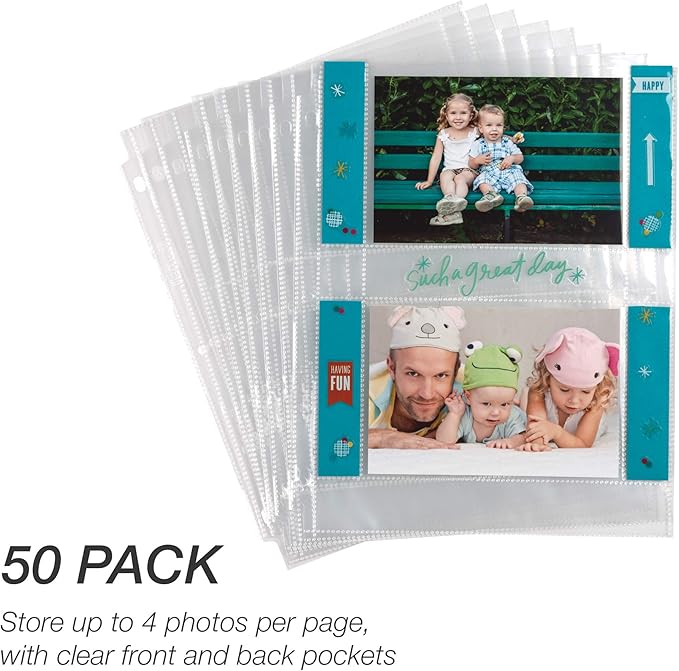 Samsill 4x6 Photo Pages for 3-Ring Binder - 4x6, 50 Pack, Holds 200 Pictures, Each 2-Pocket Photo Pages Hold Four 4 x 6 Pictures, 4x6 Photo Pockets, 4x6 Photo Sheet Protector