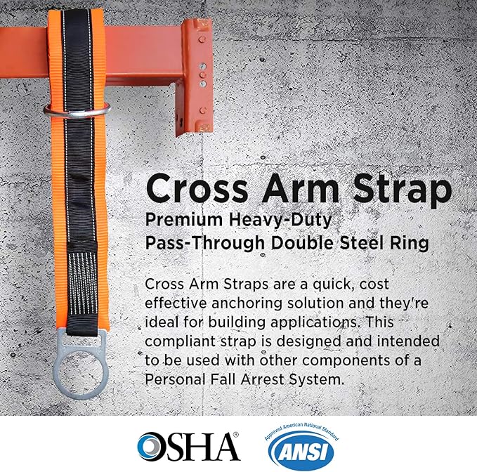 AFP 3’ Cross Arm Strap Premium Heavy-Duty Pass-Through Double Steel Ring, Safety Fall Protection Anchorage Connector (OSHA/ANSI) PPE 2 Pack