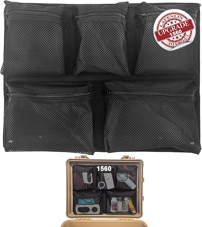 LAFENLIN UPGRADED Lid Organizer for Pelican 1560 Case[Maximize Space, Secure Gear], 5-Pocket Thick Mesh Panel for Photographers & Divers, Fits Camera Cases & Dry Boxes, Includes Screws & Hook and Loop