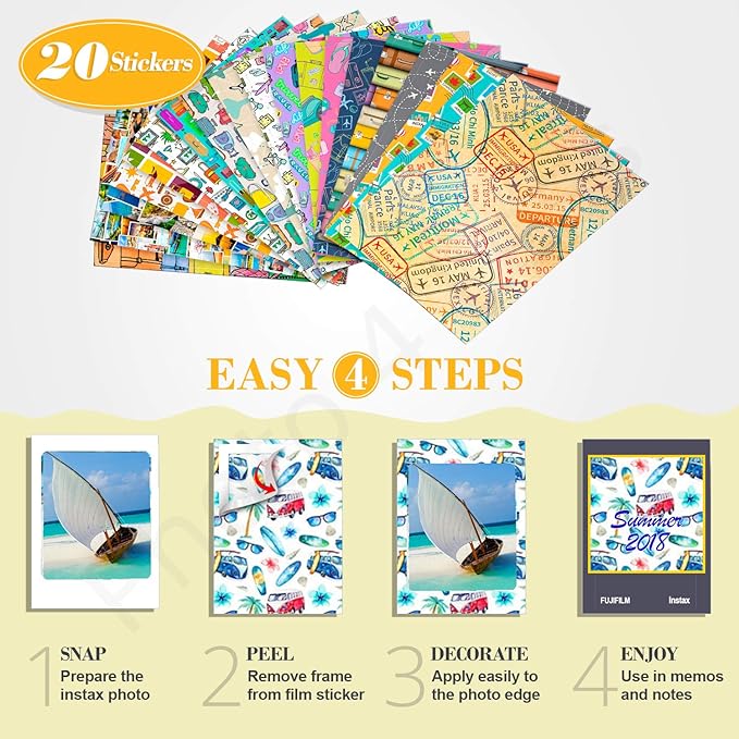 5X Fujifilm instax Mini Instant Film (100 Exposures) + 20 Sticker Frames for Fuji Instax Prints Travel Package