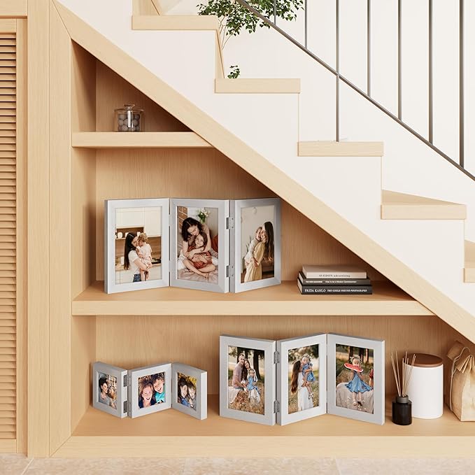 decorUhome Triple 4x6 Picture Frame Vertical, Engineered Wood Trifold Photo Frame with Plexiglass for Tabletop Display, 4x6, Silver