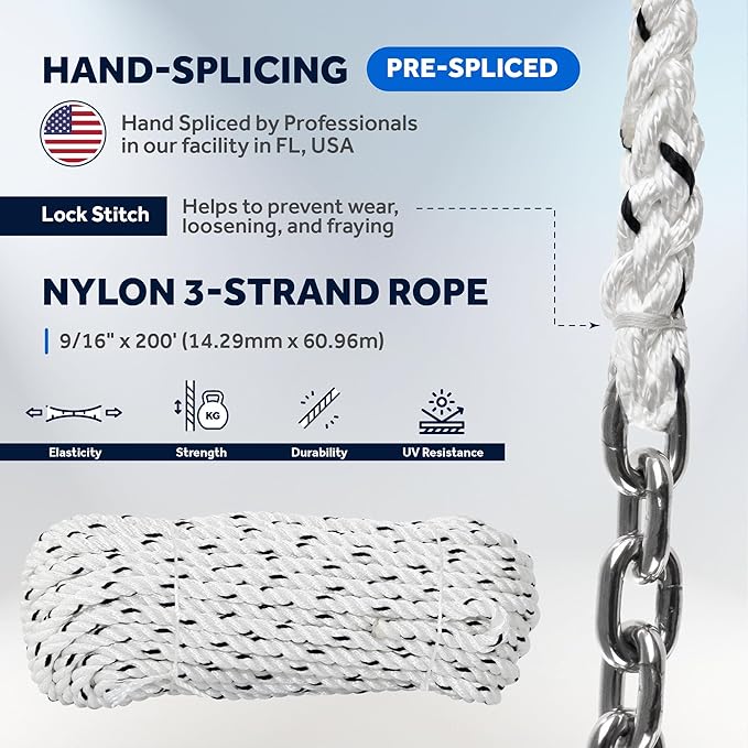 Five Oceans Windlass Anchor Rode, Hand-Spliced Anchor Rope and Chain Combination Kit, Nylon 3-Strand Rope, HT G4 Stainless Steel Chain for Boat Anchor System - Multiple Sizes