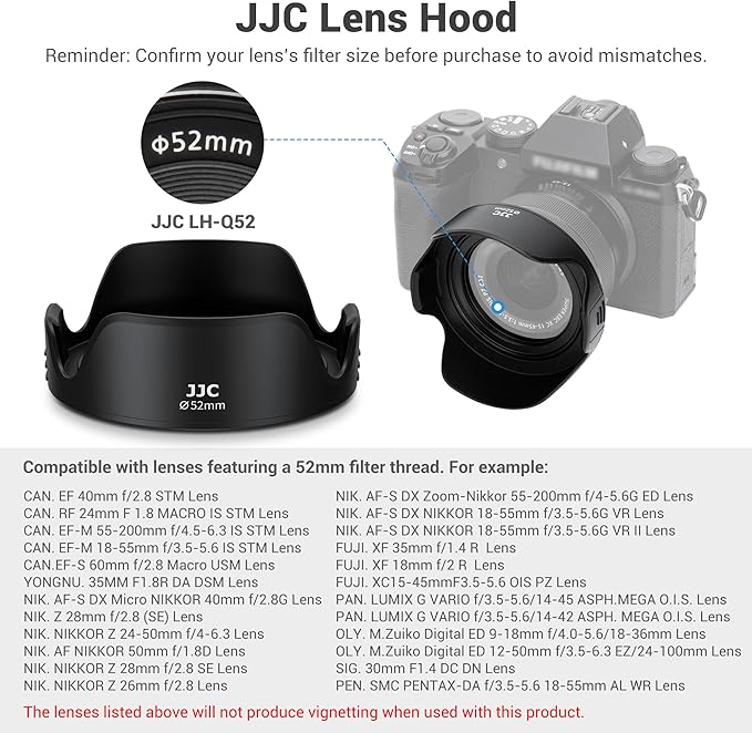 JJC 52mm Tulip Lens Hood for Nikon D3200 D3300 D5200 D5300 D5500 with AF-S DX 18-55mm Kit Lens & for Fujifilm X-M5 X-T50 X-T30 II X-S20 with XC 15-45mm Kit Lens, Compatible with a 52mm Filter/Cap