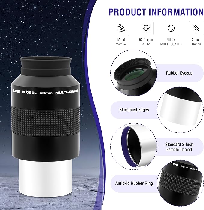 Astromania Super Plossl Eyepiece 2 Inch, Telescope Eyepiece 56mm Fully Multi-Coated Optics, 52 Degree Wide Field 4-Element Design, High Eye Relief for Astronomy Telescope Included 2 Inch Filter Thread