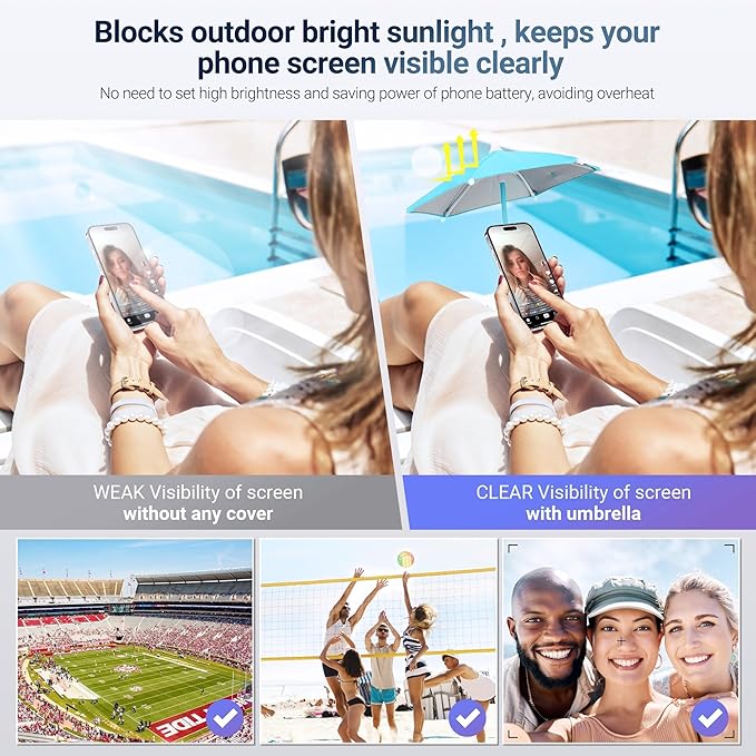 Magnetic Phone Umbrella for Sun,Outdoor Phone Sun Shade Shield with Flexible Angle Design & Rotatable Phone Ring,Umbrella for iPhone 17 Air 16 15 14 13 Pro Max,Mag-Safe Case &All Phone Anti-Glare BLUE