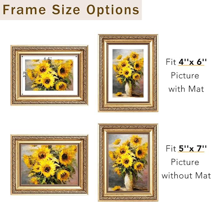 5x7 Vintage Picture Frame with 4x6 Mat Set of 2, Elegant Retro 5 by 7 Photo Frame with Shatter-Resistant Plexiglass for Wall or Tabletop Display, Gallery Decor & Gift, Gold, 2 Pack