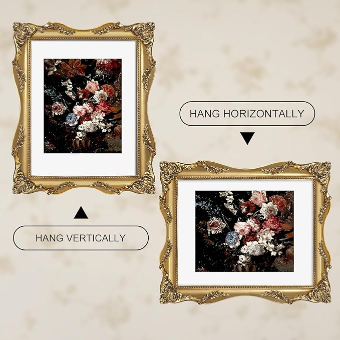 Vintage Gold 11x14 Picture Frame with Mat for 8x10 or 11x14 Photos, Real Glass, Ornate Baroque Gothic Victorian Frames for Wall Display