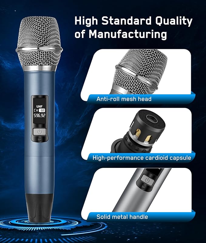 Rechargeable UHF Wireless Microphones, Two Metal Handheld Microphones with 1/4" Receiver, Plug-and-Play for Speaker & PA System, Karaoke Singsing, Lecture, Stage Performance (Blue&Grey)