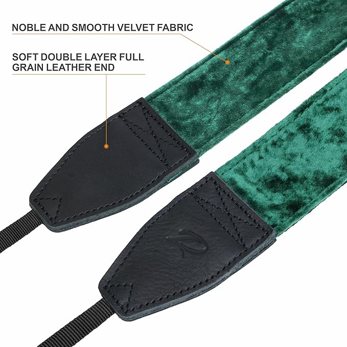 Padwa Lifestyle Green Velvet Camera Strap - 2" Double Layer Full Grain Cowhide Leather Head Camera Straps for Photographers,Unique Soft Velvet Fabric with Quick Release fits all Cameras