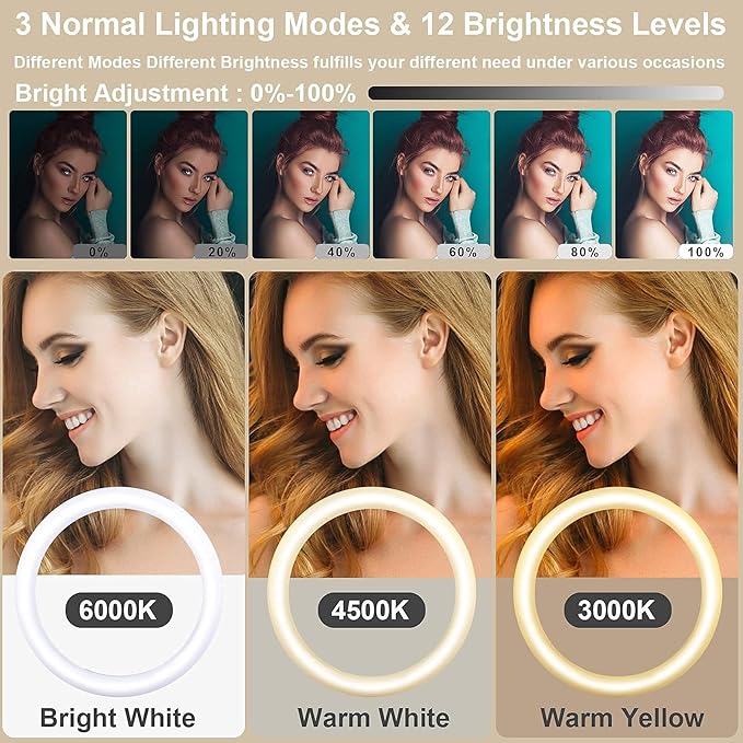 13" Selfie Ring Light with 76" Tripod Stand & 3 Phone Holder, LED Camera Ringlight with 48 RGB Colors Modes & Musical Rhythm Mode and 12 Brightness Dimmable for Makeup/Photography/Videos/Vlog/TikTok