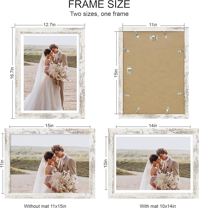 11x15 Picture Frame Set of 4, Made of Real Glass and Distressed White Frame - Display Picture 10x14 with Mat or 11x15 Without Mat, 11 by 15 Photo for Wall Mounting