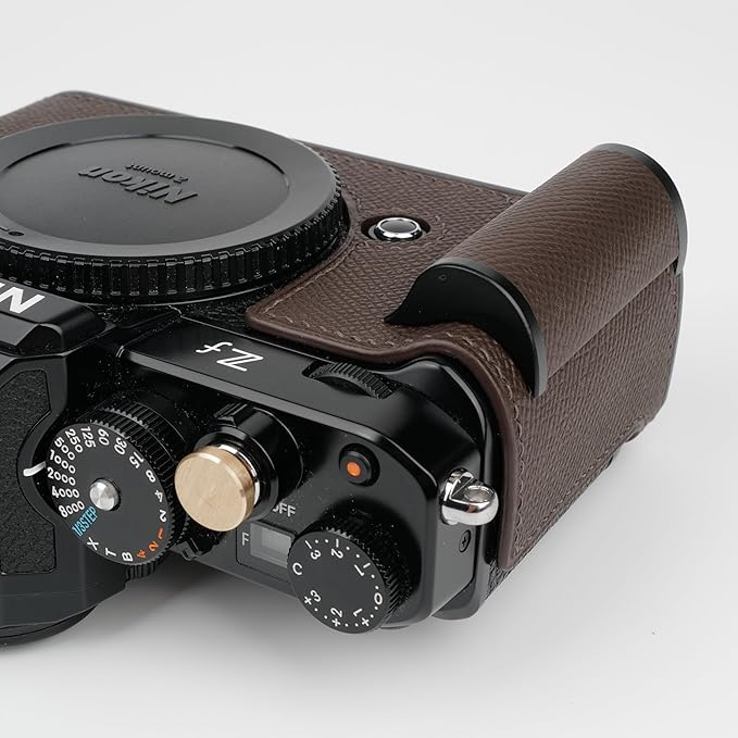 Handmade Genuine Leather Camera Half Case for Nikon ZF/Nikon ZF Camera Case - Top Layer Cowhide Body + Hand Sewn Saddle Stitch + Metal Base Plate (Dark Coffee)