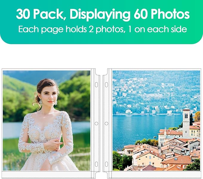 MaxGear 30 Pack 8x10 Photo Sleeves for 3 Ring Binder (60 Pictures), Heavy-Duty Archival Page Protectors, 1-Pocket Clear Photo Album Refill Pages, Plastic Seed Binder Pages 8.5x11, Acid-Free