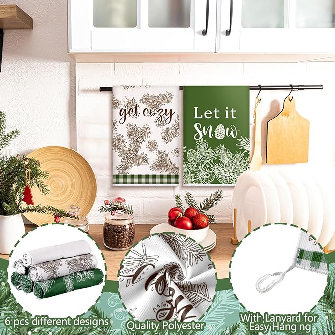 Preboun 6 Pcs Christmas Kitchen Towels Winter Hand Towels Pine Cones Pine Needles Dish Cloth Xmas Decorative Farmhouse Tea Cloth Absorbent for Holiday Kitchen Bathroom Decor