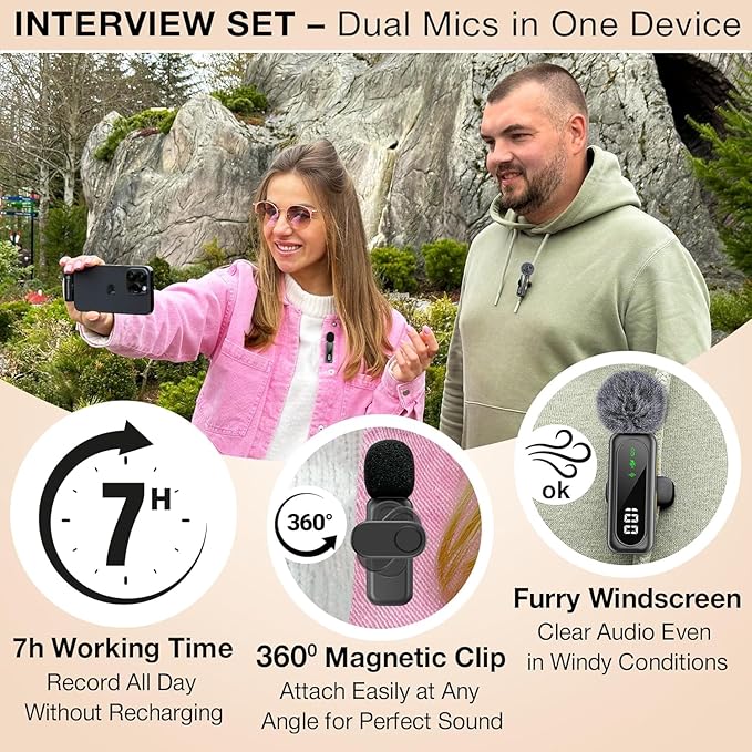 PowerDeWise Wireless Lavalier Microphone for iPhone, Android, DSLR – Dual Clip-on Mics with Magnetic Clip, Plug & Play, Noise Reduction