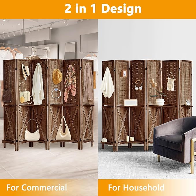 6 Panel Pegboard Display with Shelf, Wooden Pegboard Room Divider Wall with 24 Hooks, Partition Room Dividers and Folding Privacy Screens, Bedroom, Jewelry Store, Brown