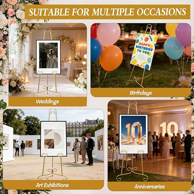 Gold Easel Stand for Sign, Round Tube Scroll Display Easel, Vintage Metal Floor Stand, Adjustable Chain Easel for Wedding Sign, Artwork, Pictures & Commercial Use