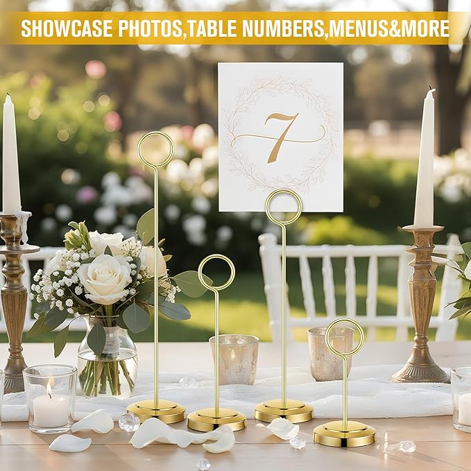 Otoolling 20 Pcs Table Number Holders 4/6/8/10 Inch Place Card Holder Stands Wire Photo Clips Metal Table Card Stands for Centerpieces, Photos, Food Signs, Birthdays, Weddings(Gold)