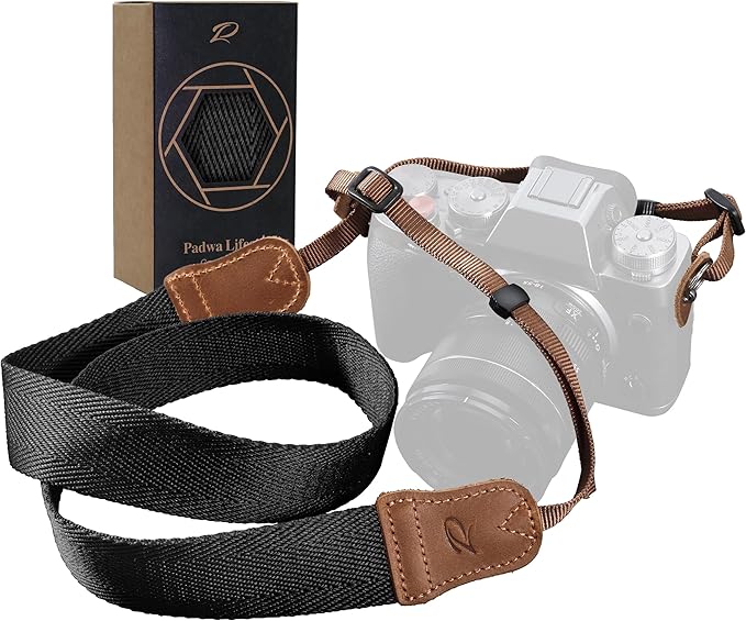 Padwa Lifestyle Black Camera Strap - Double Layer Crazy Horse Cowhide Head,1.5" Wide Pure Cotton Woven Camera Straps,Adjustable Neck Shoulder Strap for All DSLR Cameras,Great Gift for Photographers