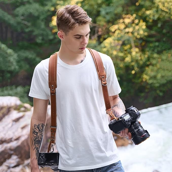 Padwa Lifestyle Tan Dual Camera Harness Strap with Padded for Two Cameras - Dual Shoulder Full Grain Leather Harness,Multi Camera Gear for DSLR/SLR Strap,Double Camera Harness for Photographers